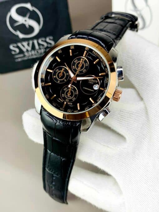 BLACK DIAL ROSE GOLD CASE WITH BLACK STRAP ( CHRONOGRAPH Working )