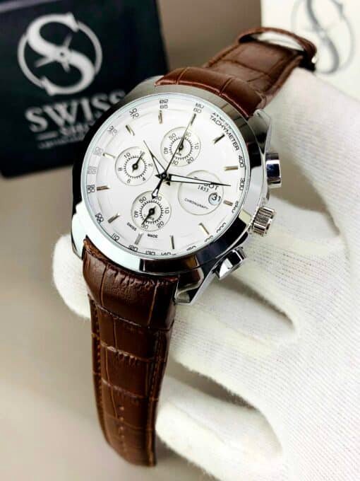 Silver Chrnograph Working With Brown Leather Strap