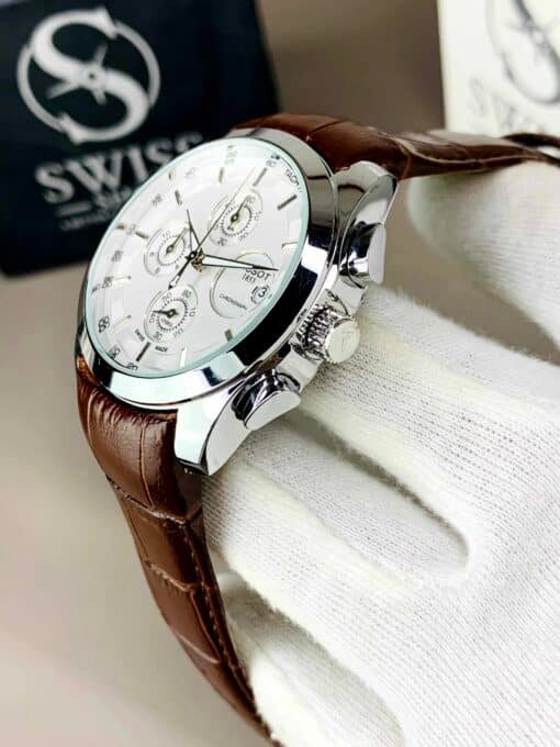 Silver Chrnograph Working With Brown Leather Strap - Image 3