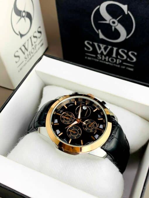 BLACK DIAL ROSE GOLD CASE WITH BLACK STRAP ( CHRONOGRAPH Working ) - Image 2